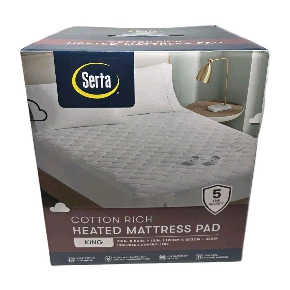 Serta Cotton Rich King Heated Mattress Pad Deep Fit, 5 Settings + 2 Controllers